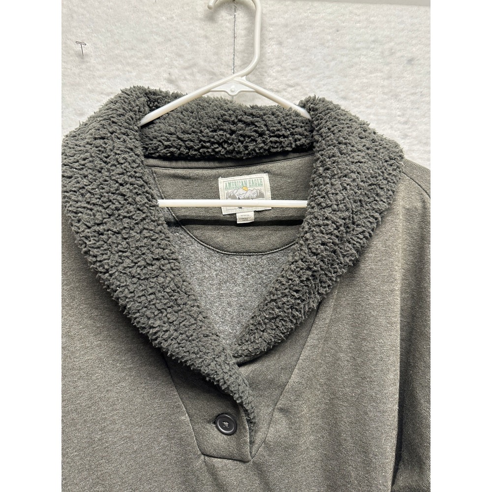 American Eagle Sherpa Collar Pullover Sweatshirt M Olive Green Cozy Button Neck - Picture 3 of 10